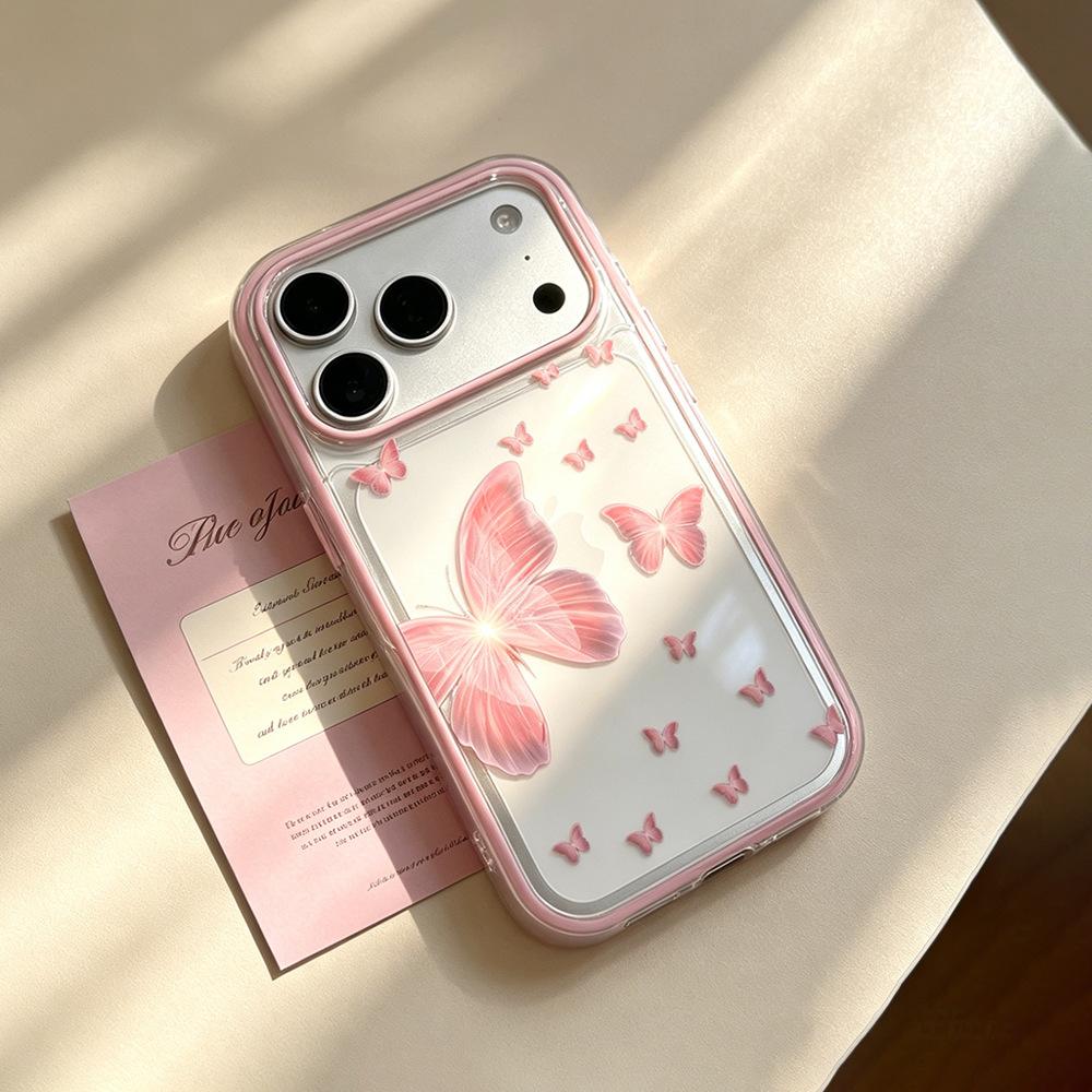 Pink butterfly is suitable for anti-drop iPhone15 female creative contrasting colors Apple 17/16 Pro mobile phone case spring creative