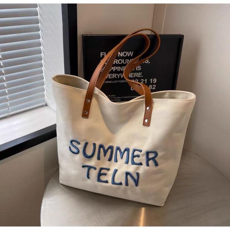 Women's Large Embroidered Canvas Tote Bag - Versatile Shoulder Bag for Commute or Class