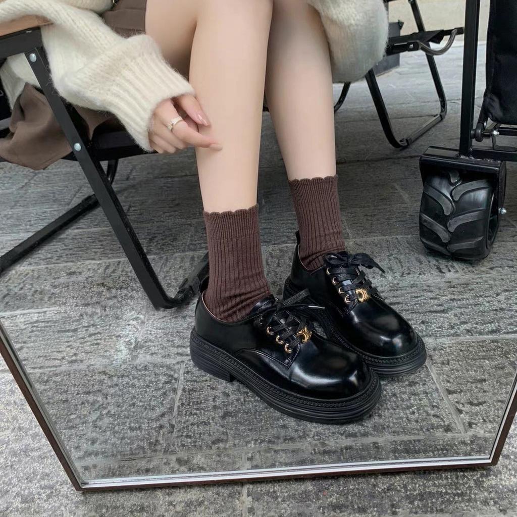 Sheepskin version~ Genuine leather British style round head loafers women's small gold buckle college style genuine leather thick-soled small leather