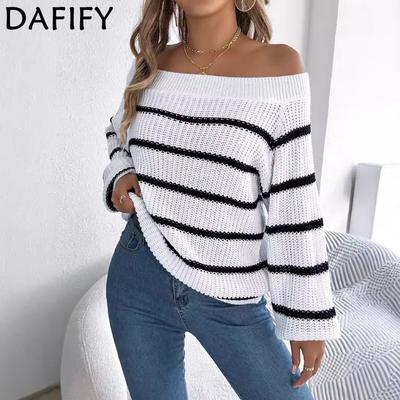 Women's Fashion Casual Fall Winter Stripe Print Long Sleeve One Shoulder Sweaters
