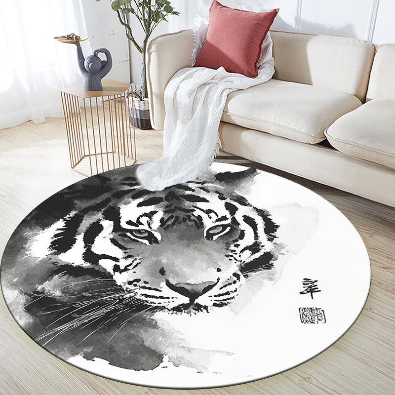 Black and White Ink Tiger Round Area Rug,Carpet Rug for Living Room Bedroom Sofa Playroom Decor,Non-slip Floor Mat