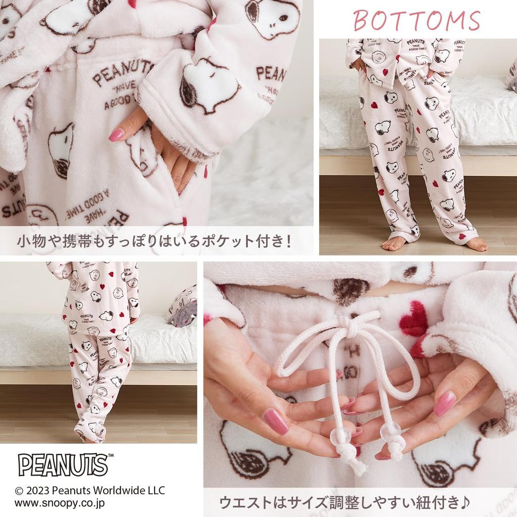 Snoopy Room Wear Pyjama Loungewear Flauschiges Langarm-Oberteil und Unterteil-Set Geburtstagsgeschenk QWSN03 [Luanna Jena] Damen (Sakura-Farbe)