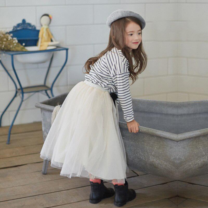 YUBAOBEI Girls Set Spring Teens Children Clothing Striped Full Sleeved T-Shirt + Long Tulle Skirts 2 Pcs Sets