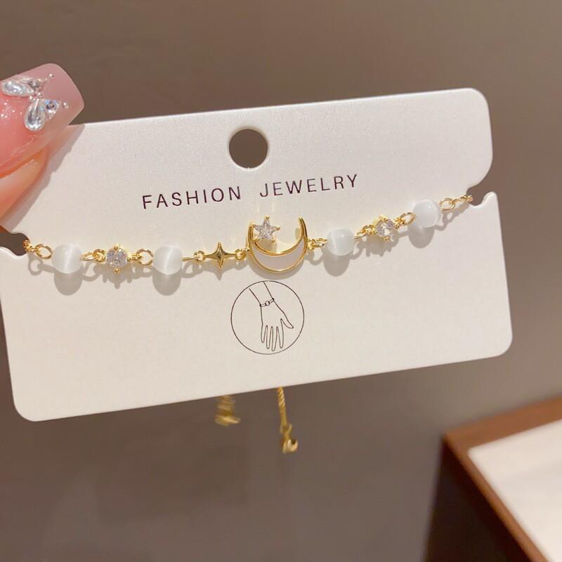 Adjustable Pull-Through Cat Eye Stone Bracelet With Moon Star Motif Gold Plated Copper Women Fashion Jewelry