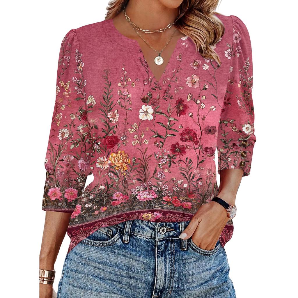 Bluză Casual de Damă cu Decolteu în V, Croială Largă, Mânecă 3/4, Imprimeu Floral, Detaliu cu Nasturi, Top Ușor pentru Purtare Zilnică