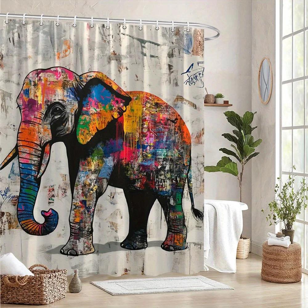Colorful Graffiti Elephant Shower Curtain, 12 Hooks, Durable Polyester, Modern Bathroom Decor