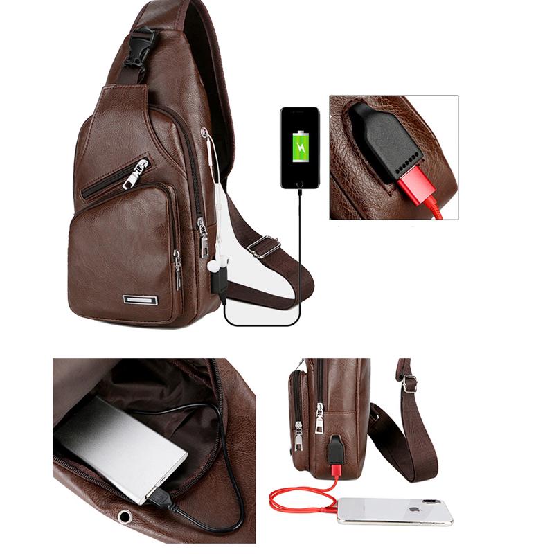 Vintage Men Fashion Shoulder Chest Bags USB Charging Leather Messenger Travel Packs Wallet