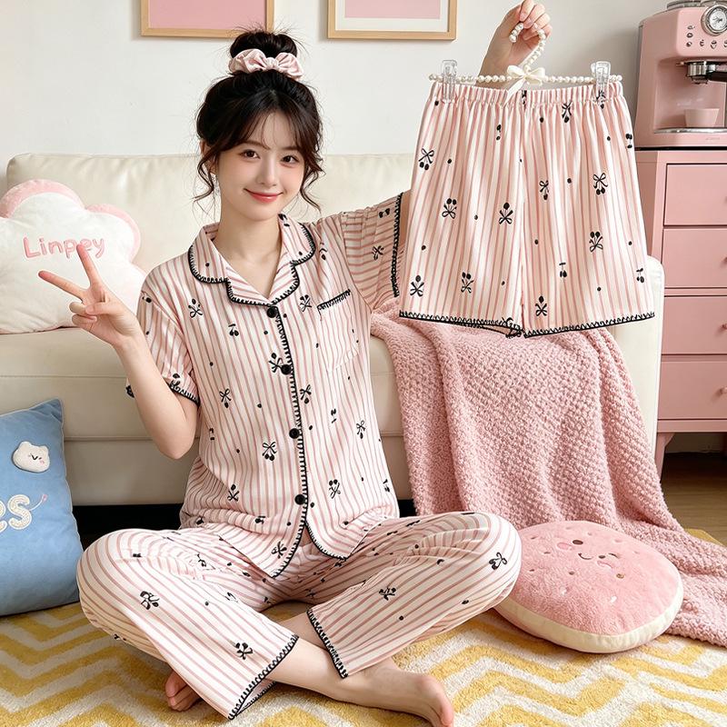 Leopard Print Love Heart Short Sleeve Pajama Set: Women's Summer Cloud Cotton Three-Piece Loungewear