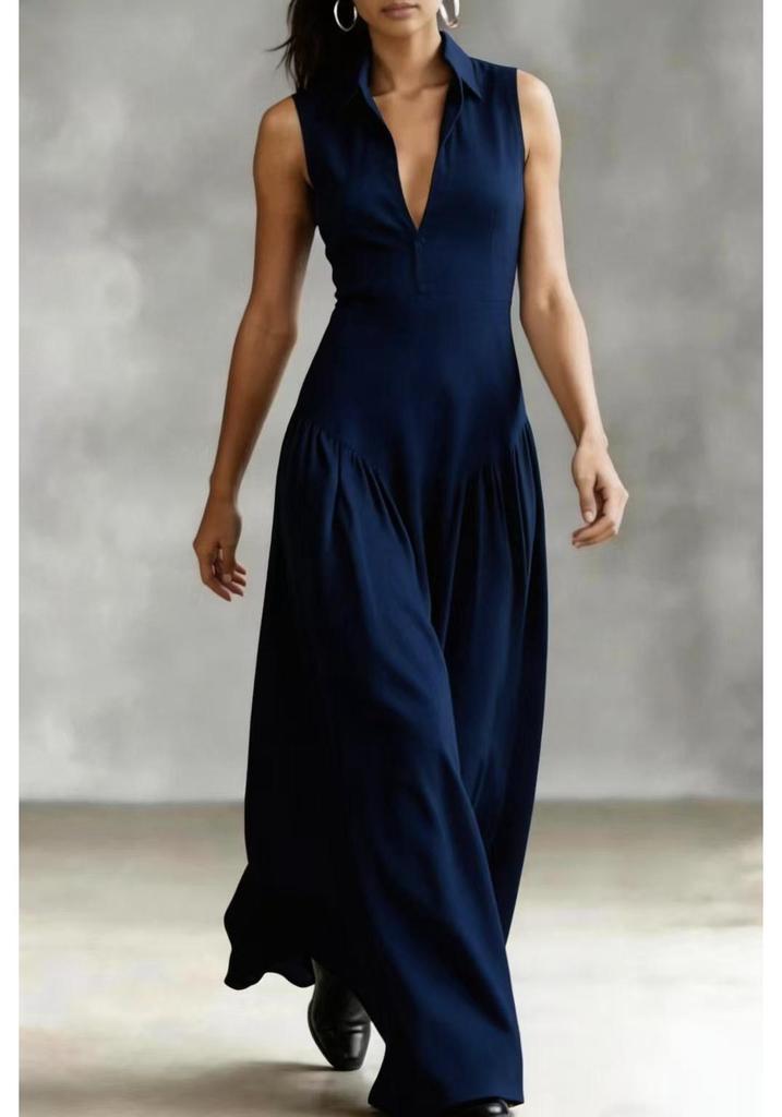 Elegant Black V-Neck Sleeveless Maxi Dress with Cinched Waist, Perfect for Work and Evening Events