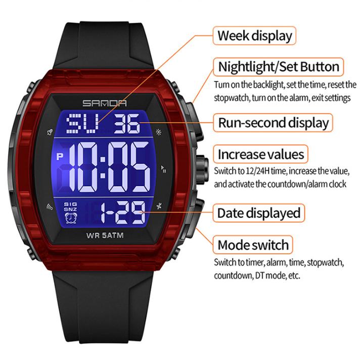 SANDA 6286 Multi Function Men Digital Watch Fashion Design Two Time Luminous Complete Calendar Waterproof Men Digital Wristwatch