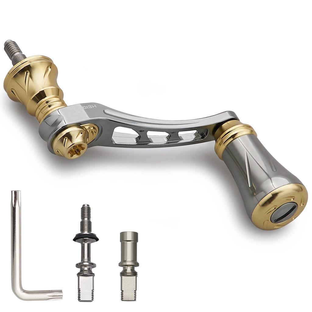 HEIGHTEN 45-50mm Adjustable Reel Handle with 19mm Aluminum Knob for Shimano and Daiwa Arch Series Spinning Reels (Gold & Gunmetal) (882)
