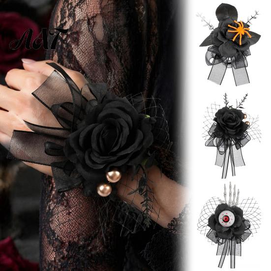 Festival Party Wrist Accessory Gothic Flower Corsage for Halloween Party, Black Wedding Corsage, Romantic Costume Decoration Floral Day of The