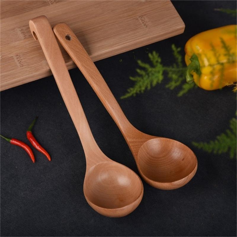 Heat Resistant Wooden Spoon with Long Hook-End Handle Ladle Scoops For Stirring Soup Stews And Hot Dishes Kitchen Tool