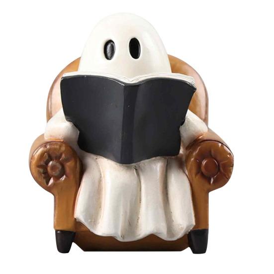 Halloween Ghost Figurine Resin Ghost Sitting on Sofa Reading Book Statue Vintage Table Decoration for Book Lovers Gifts