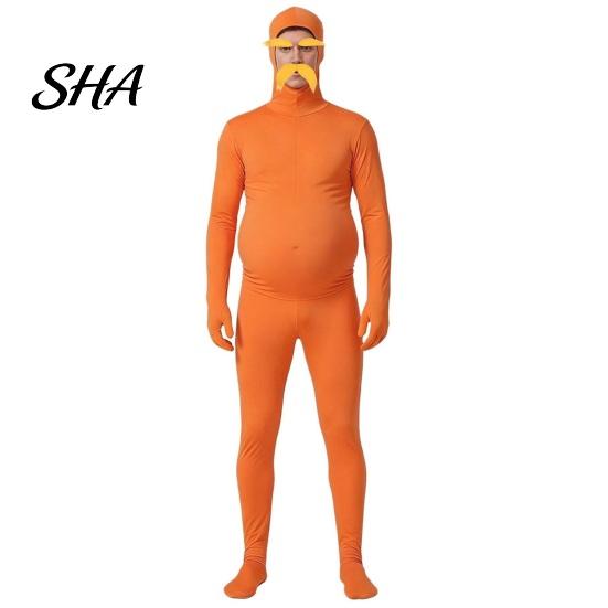 Ținută Cosplay Halloween Portocaliu Body Complet pentru Copii Adulți, cu Burta, Mustață și Sprâncene Galbene, Costum Zentai cu Față Deschisă Bărbați Femei,