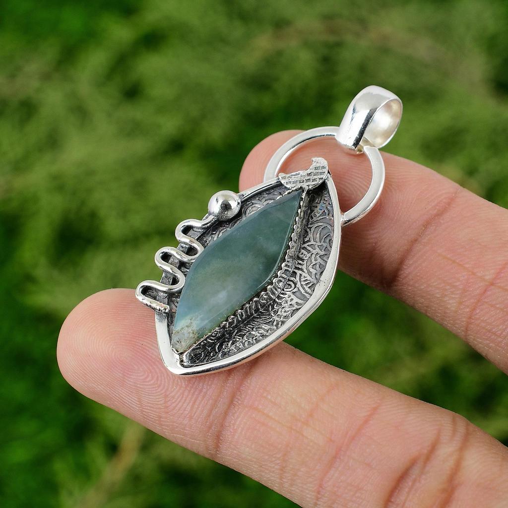 Daughters Day Sale Solar Moss Agate Stone 925 Sterling Silver Mother New Pendant