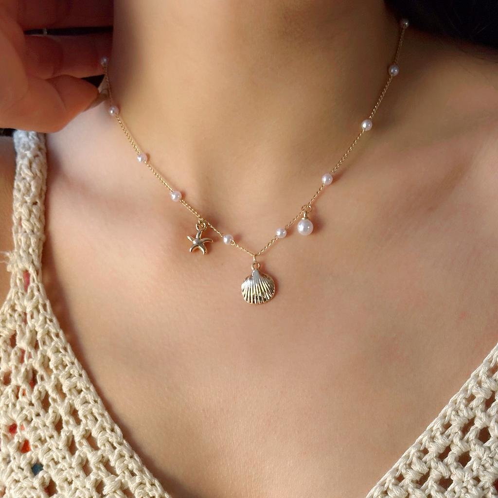 Bohemian Starfish Shell Pendant Necklace For Women Beach Choker Pearl Chains Neck Girls Travel Party Summer Jewelry Gift