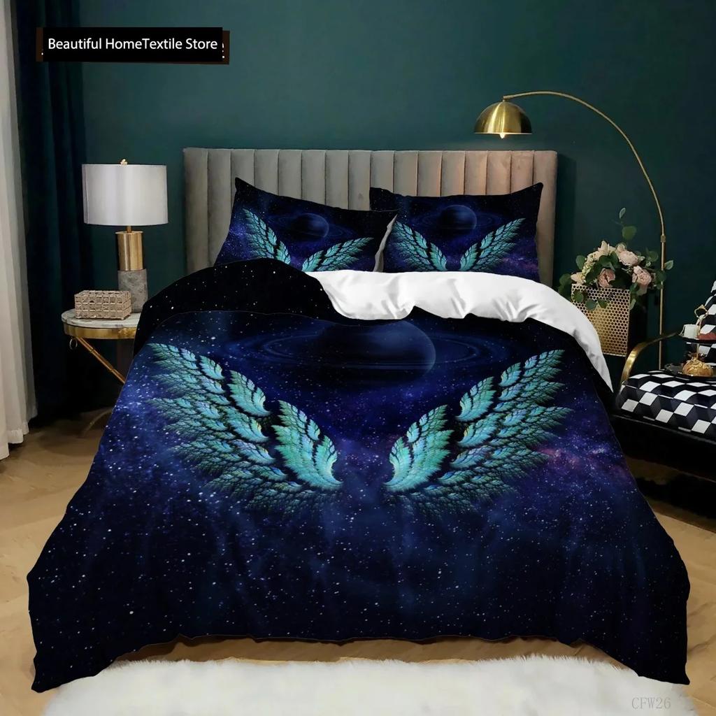 Angel Wings Duvet Cover Set Black Background Bright Orange Wing 3D Print Comforter Cover King Queen Size Polyester Bedding Set
