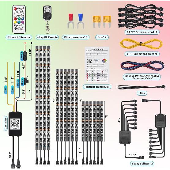 16Pcs RGB+IC Chasing Motorcycle LED Lights With APP/RF Remote, Dreamcolor Motorcycle LED Underglow Kit With Brake Turn Signal, 12V Waterproof Neon