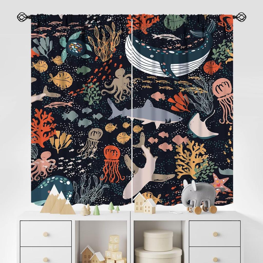Kids Sea Animal Curtains Teens Boys Girls Bedroom Nursery Decor Cartoon Sharks Art Printed Window Drapes Fabric Light Blocking Polyester Sleeping Area