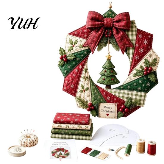 Kreatives handgefertigtes Kranz-Set, Weihnachten Stoff DIY-Kit, Patchwork Anfängerfreundliches Feiertagsbastel-Deko-Set, Dekoration für Haustür, Wanddekoration,