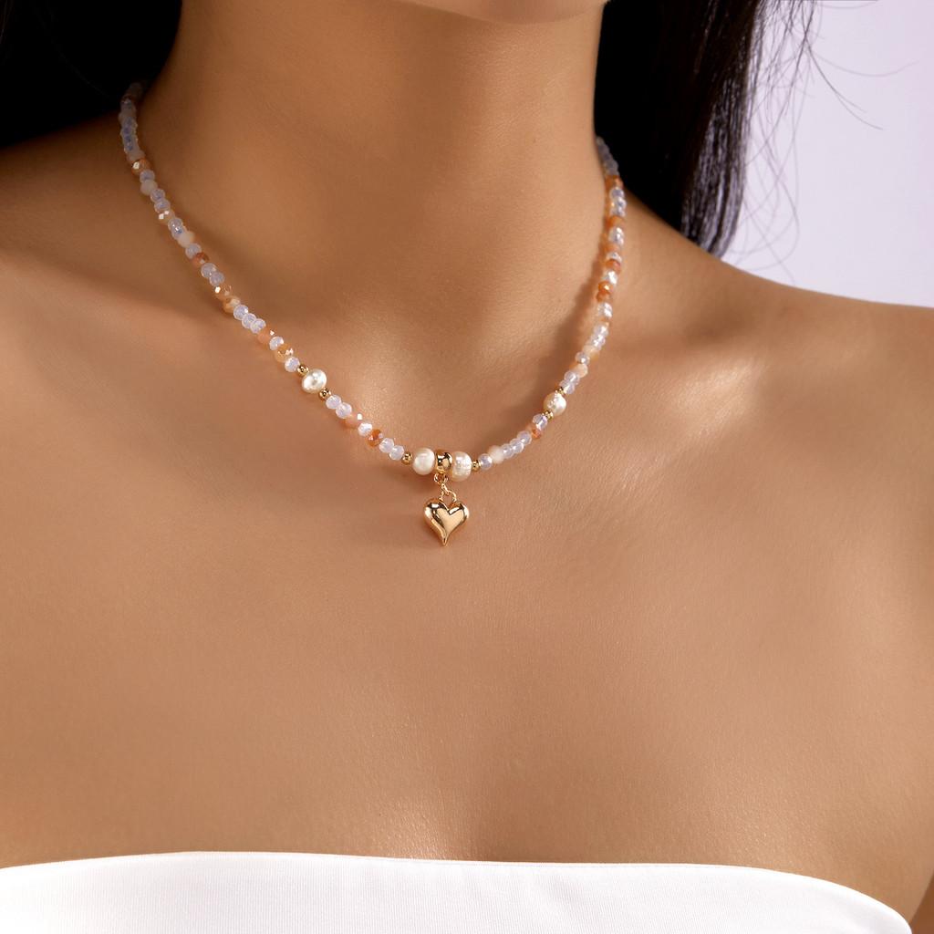 Heart Theme Layered Necklace With Crystal And Pearl For Summer Beach Outfits