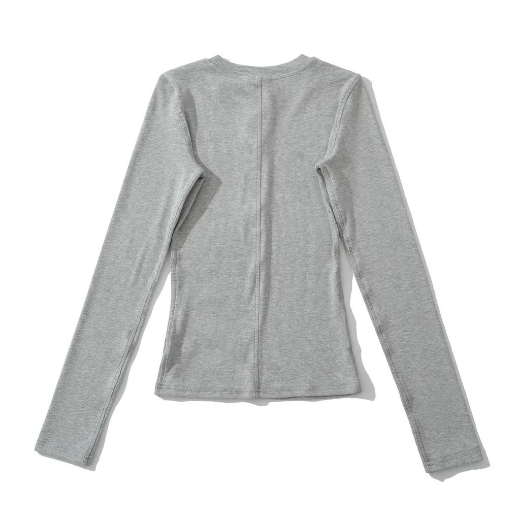 Women's Korean Style Henry Collar Long Sleeve Base Layer T-shirt for Autumn/Winter – Stylish, Stretchy, Basic Top