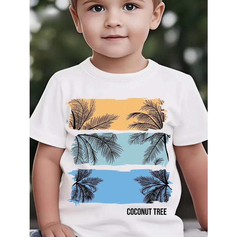 European sizes Boys  Coconut Tree Letter Print Fashion Casual Versatile Round Neck T-Shirt 98cm белый