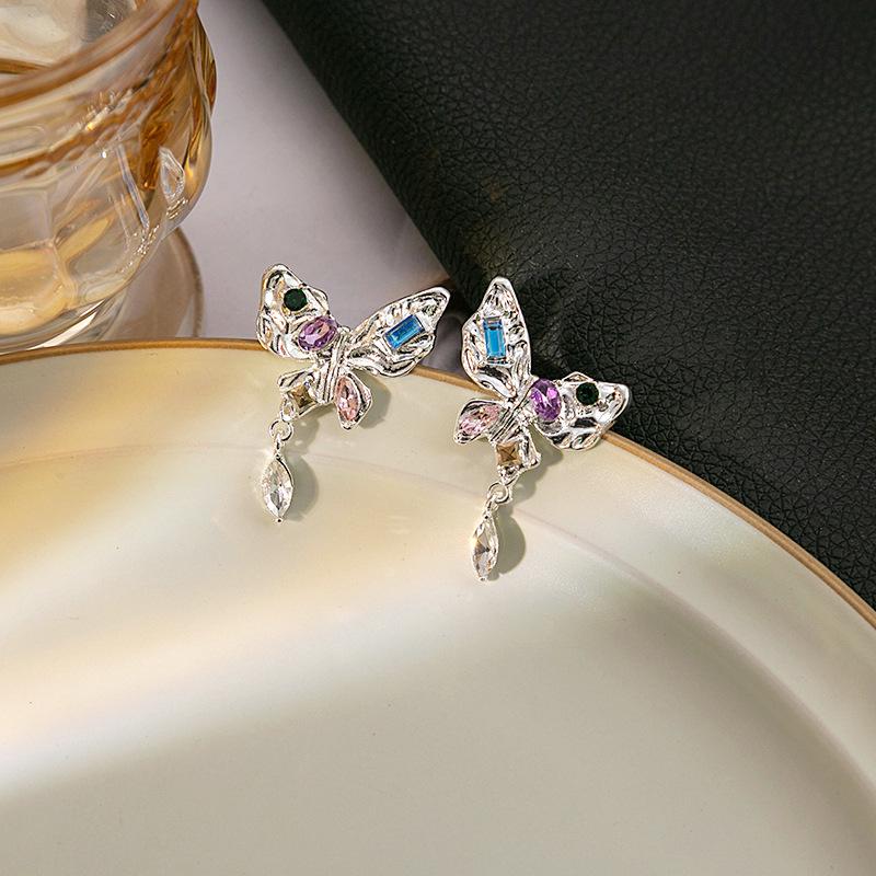 Elegant Geometric Silver Butterfly & Colored Diamond Teardrop Earrings for Women