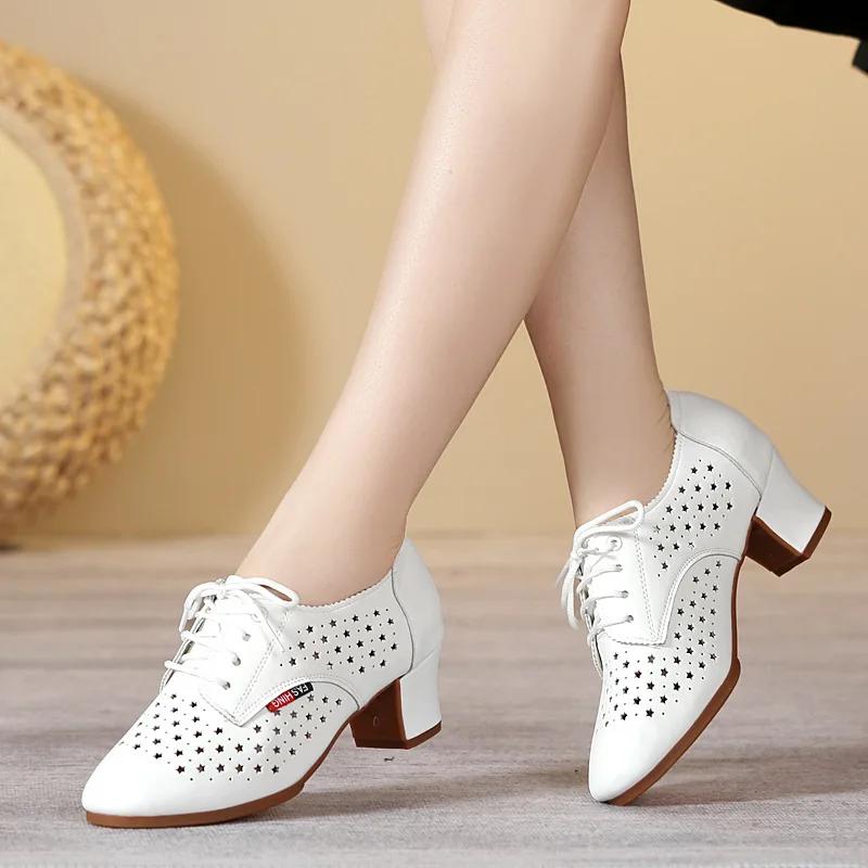  Summer Fashion Dance Ladies Shoes Sports Women High Heels Shoes Woman Mesh Thick Pointed Leather Toe Sandals New Girl
