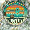 Enjoy Life Boho Camper D Flat Round Metal Sign  Retro RV Camping Wall Decor for Home Patio