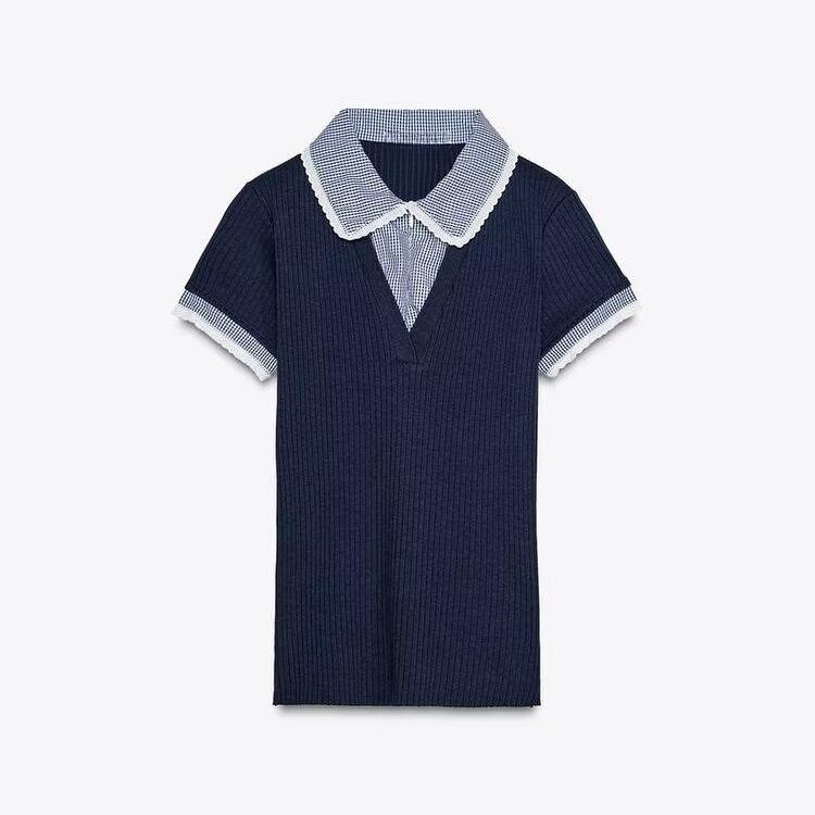 2025 Summer French Retro Color Block Polo Knit Shirt