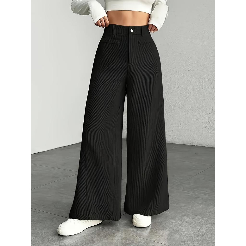 Pruhované kalhoty s širokými nohavicemi, Ležérní všestranné kalhoty s vysokým pasem, Zeštíhlující kalhoty s vysokým pasem