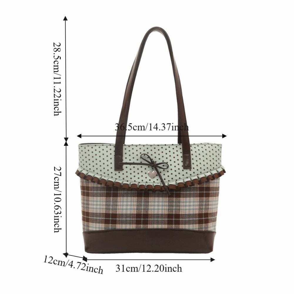 Trend Mint Green Lace Plaid Tote Bag Bowknot Polka Dot Shoulder Bag Cloth Large Capacity Patchwork Handbag Casual