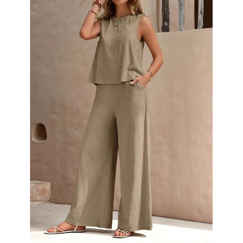 2025 Elegant Solid Color Two-Piece Set: Crew Neck Tank Top & Wide-Leg Pants for Women