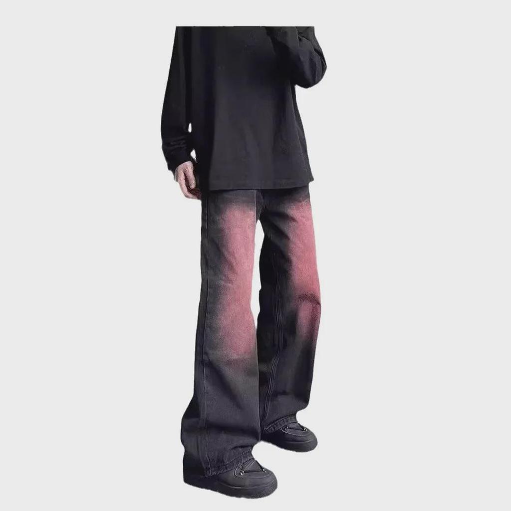 Men's Black & Pink Gradient Flared Jeans – Loose, Handsome, Comfortable High Street American Hip-Hop Style.