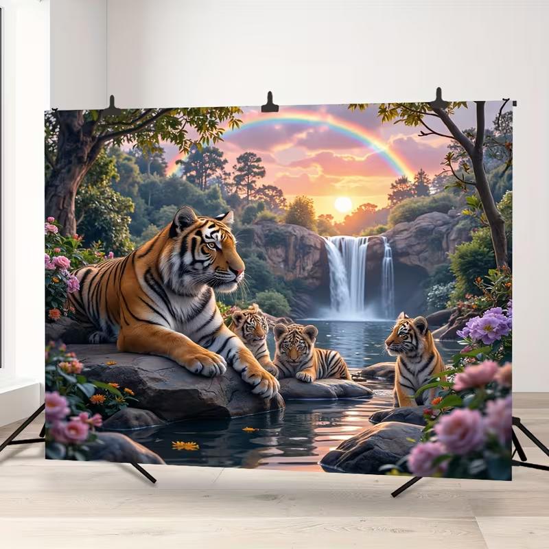 2D Jungle Tiger Tapestry Nature Waterfall Sunset Backdrop Cloth for Living Room Party