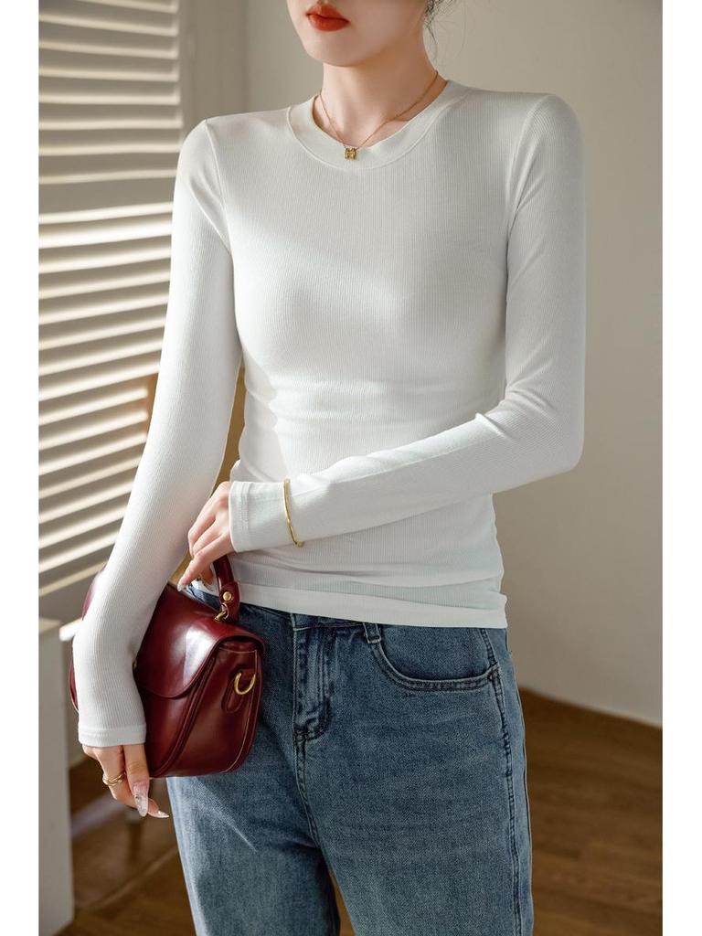 Damen Hochelastisches Baumwoll-Rippstrick Rundhals Langarm Base Layer Oberteil - 2025 Herbst/Winter Kollektion