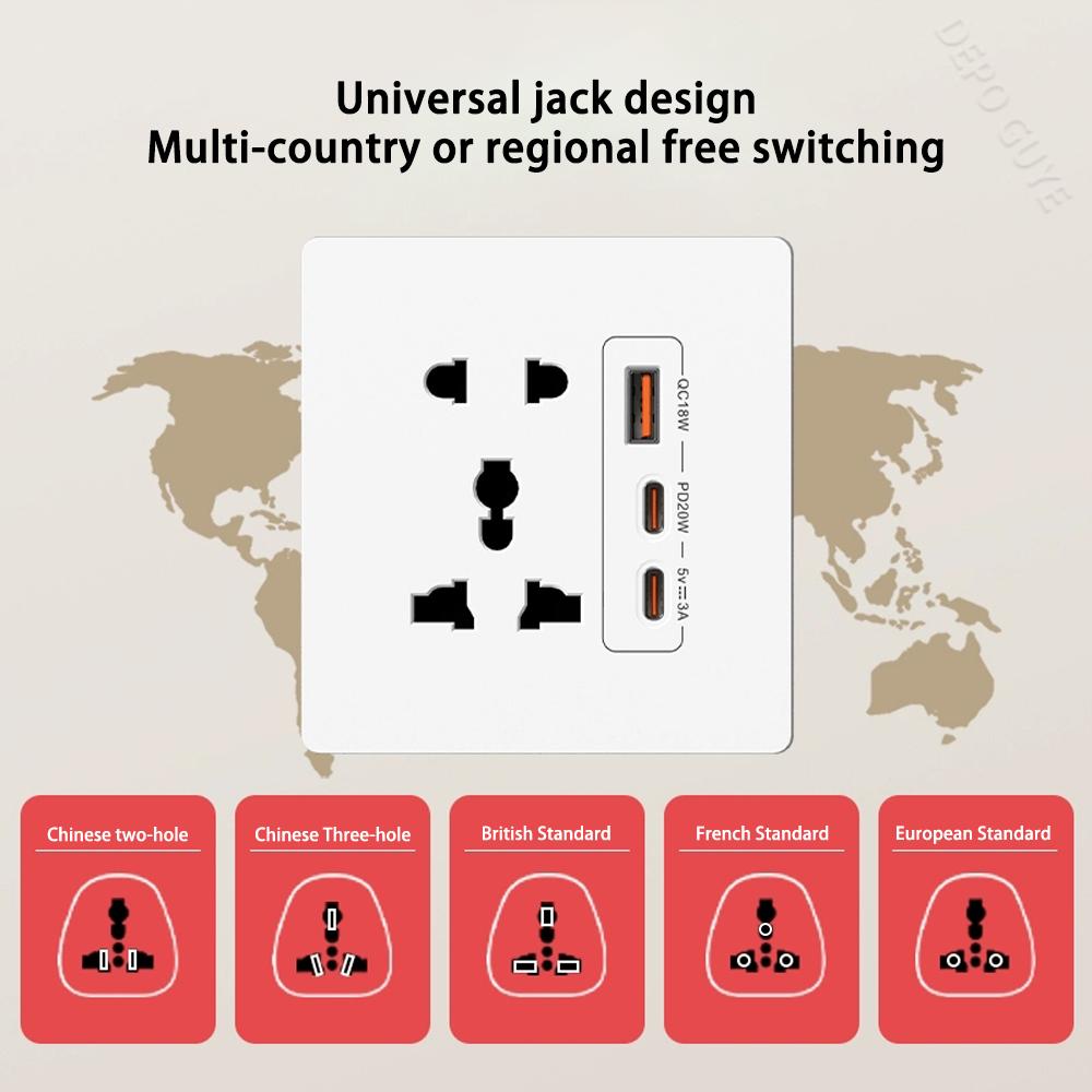 Universal 5Pin Socket With 20W Fast Charging Double Type-C Port,UK Wall  Electrical USB Plastic Power Plug Outlet AC 110V-250V