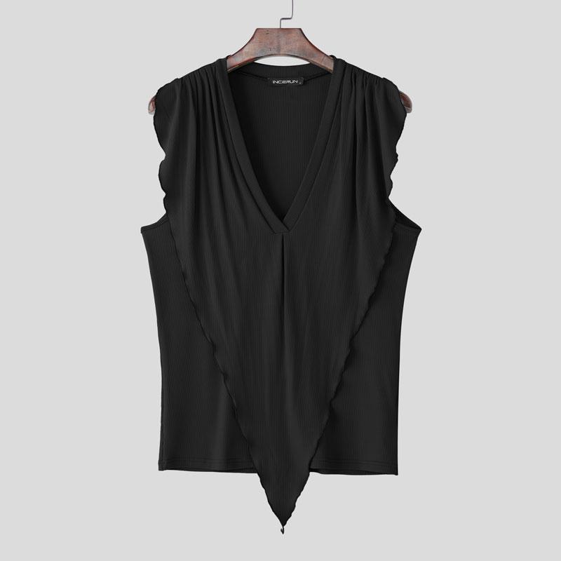INCERUN Men Summer Deep V Sleeveless Ruffled Layers Casual Loose Tank Tops