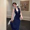French temperament neck floral dress dress women's summer seaside beautiful lace splicing waist A-shaped dress long dress