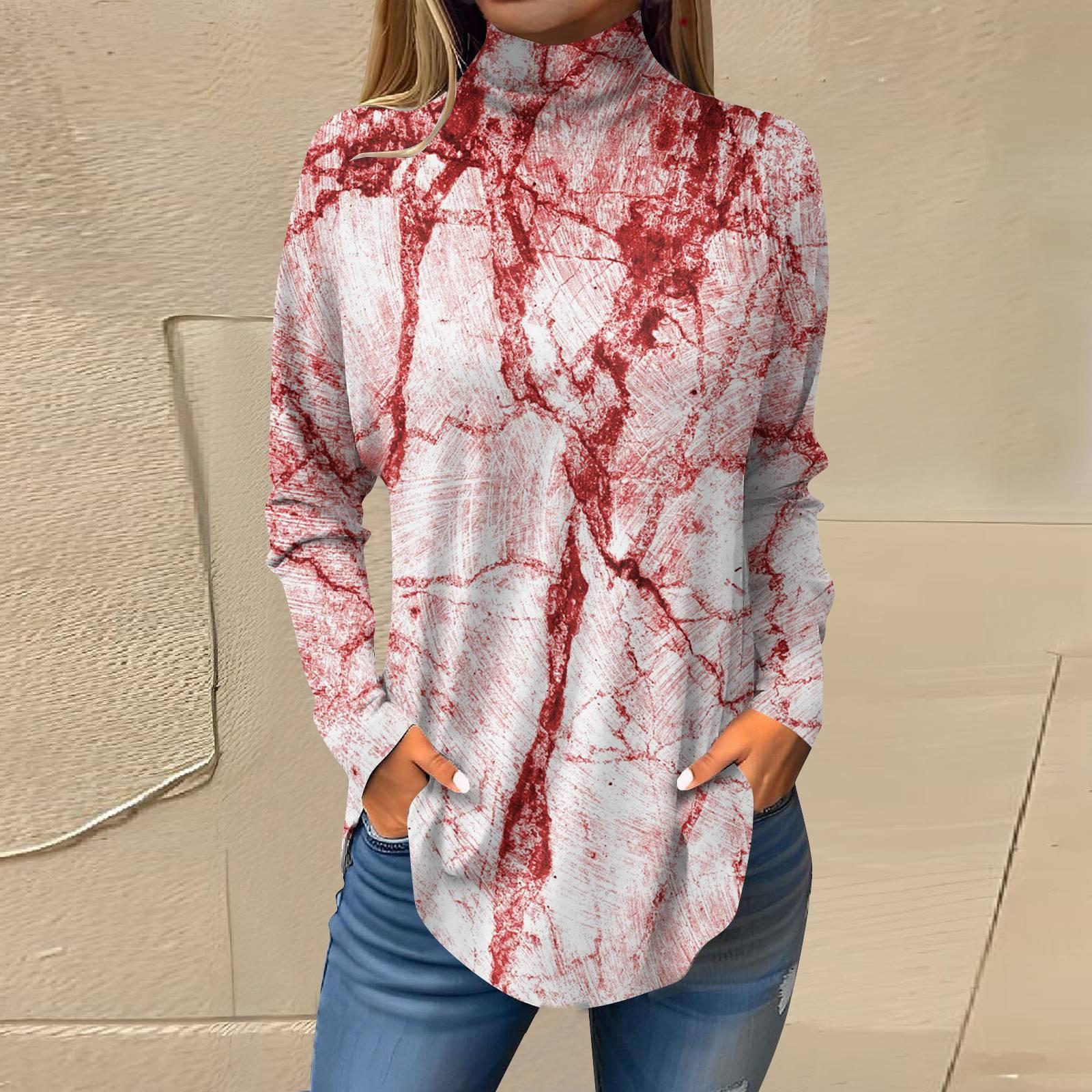 Женская свободная футболка с высоким воротом и длинными рукавами — фото 4