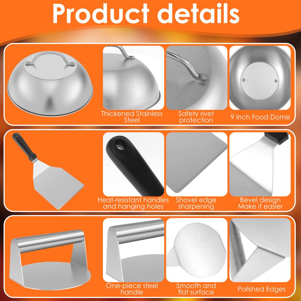 Smash Burger Kit with Lid Griddle Spatula 5.5 Inch Stainless Steel Burger Press 8.9 Inch Basting Cover 13.38 x 5.5 Inch