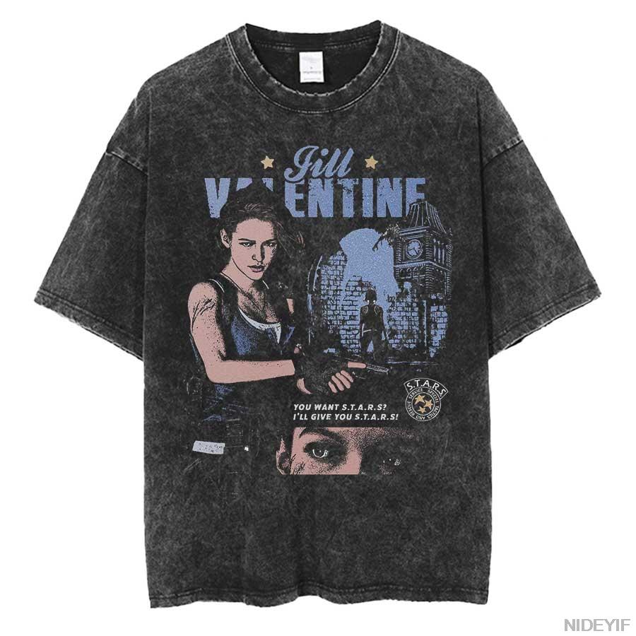 Jill Valentine and Carlos Oliveira Resident Evil Oversized T shirt 100 Cotton Vintage Washed Tshirt for men women hiphop J186 S