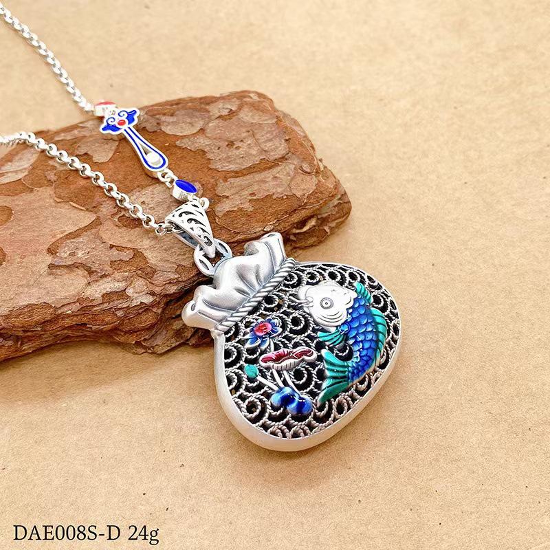 S990 Sterling Silver Cloisonné Carp Pendant Necklace, Enamel Hollow Carved Money Bag Design for Women.