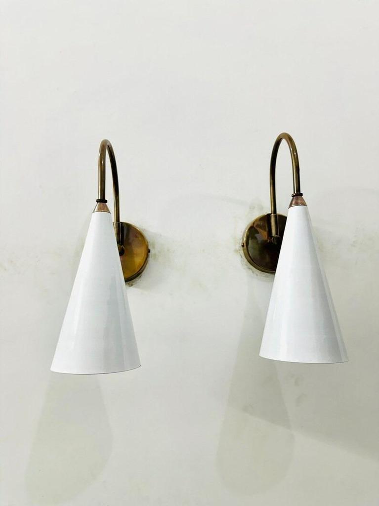 Brass Wall Sconce: Mid Century White Cone Lamp, Adjustable Diabolo Light