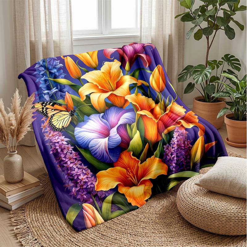Vibrant Flower Bouquet with Butterflies Theme blanket Lightweight Warm Flannel Blanket Decorative Throw Blanket for Home Decoration
