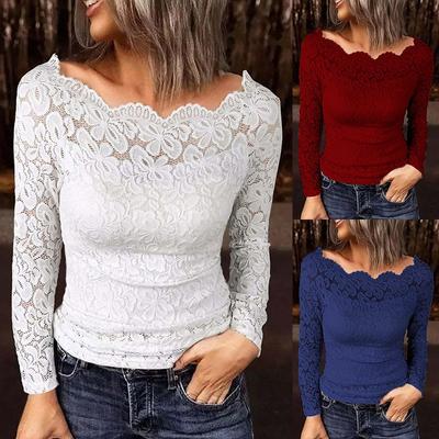 Eleganckie Seksowne Koszule z Dekoltem typu Slash i Koronkowymi Wstawkami Kobiety Długi Rękaw Bluzki Slim Fit Biała Casualowa Bluzka Kobiety Vintage Jednolita Moda Damskie Bluzki 26203