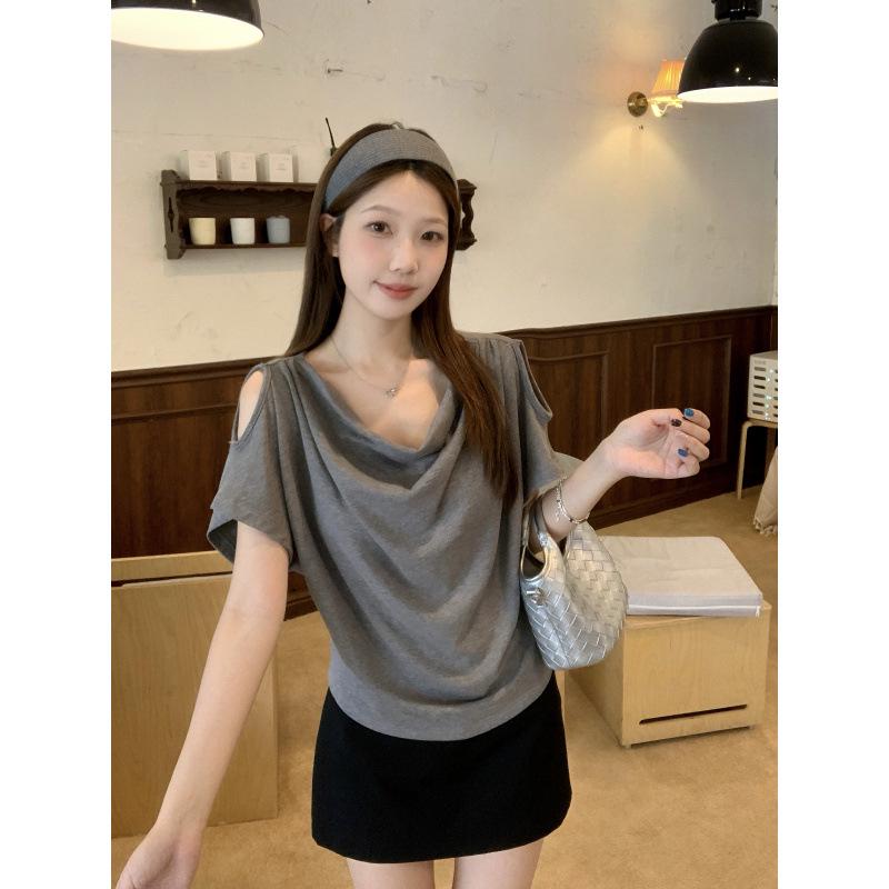 Plus Size 2026 Summer Off-Shoulder Draped Collar Short-Sleeve Top L Plus Size