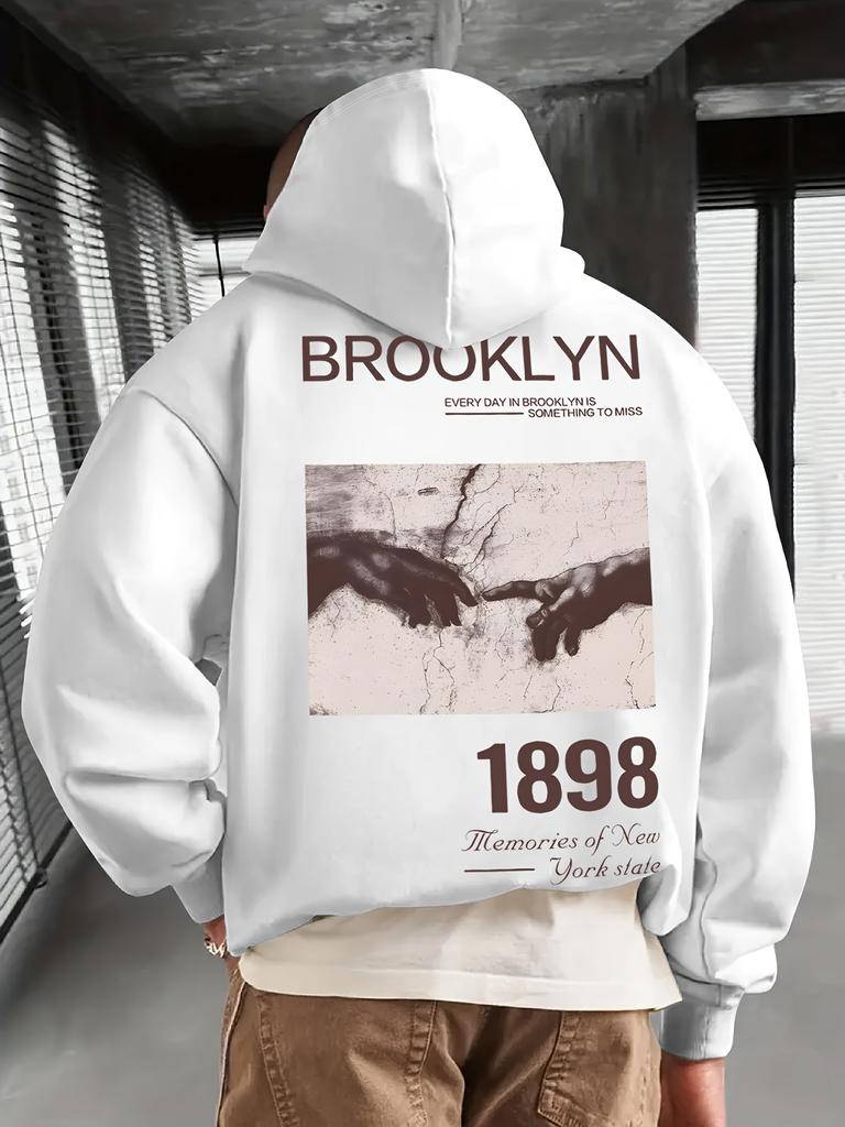Modischer Retro Streetwear Hoodie für Jungs, Adam Hände Kunst & Brooklyn Letter Grafik auf dem Rücken, Hip Hop Locker Sport Oberteil